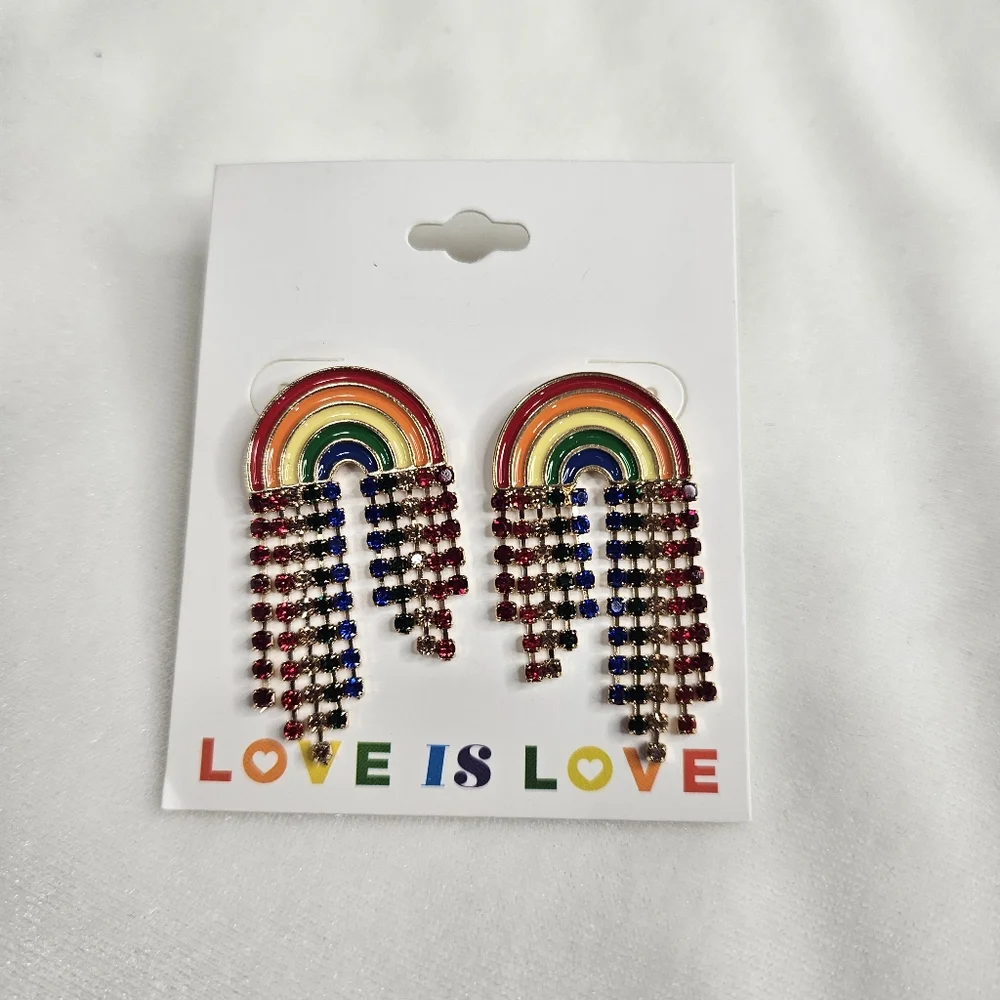 Love Is Love Rainbow Rhinestone Pierced Earrings NWT LBGTQ Pride Fashion Jewelry
